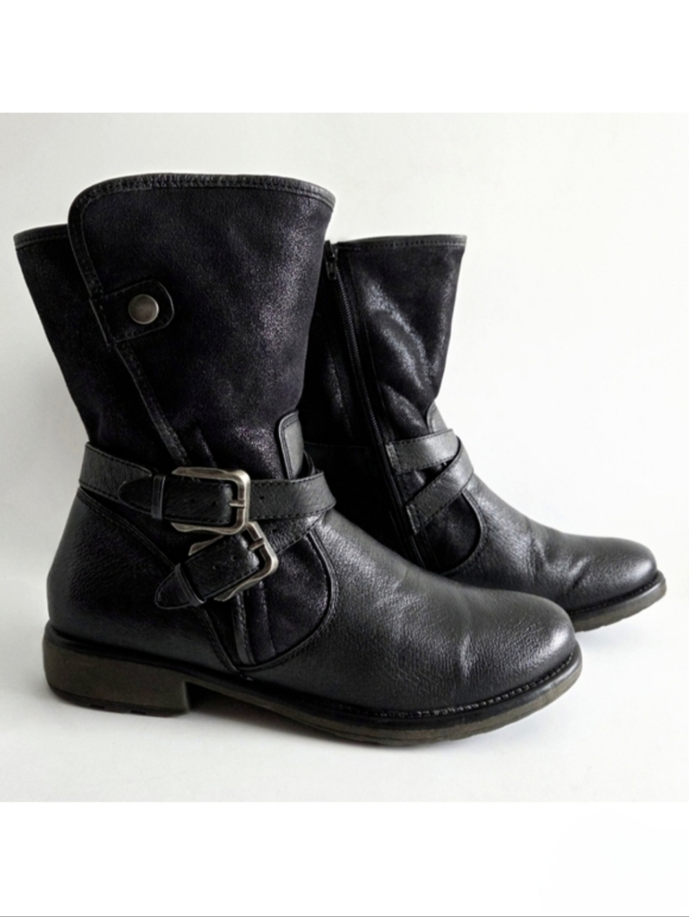 BareTraps Sabella Black Leather Faux Fur Low Calf Moto Boots With Buckle Harness